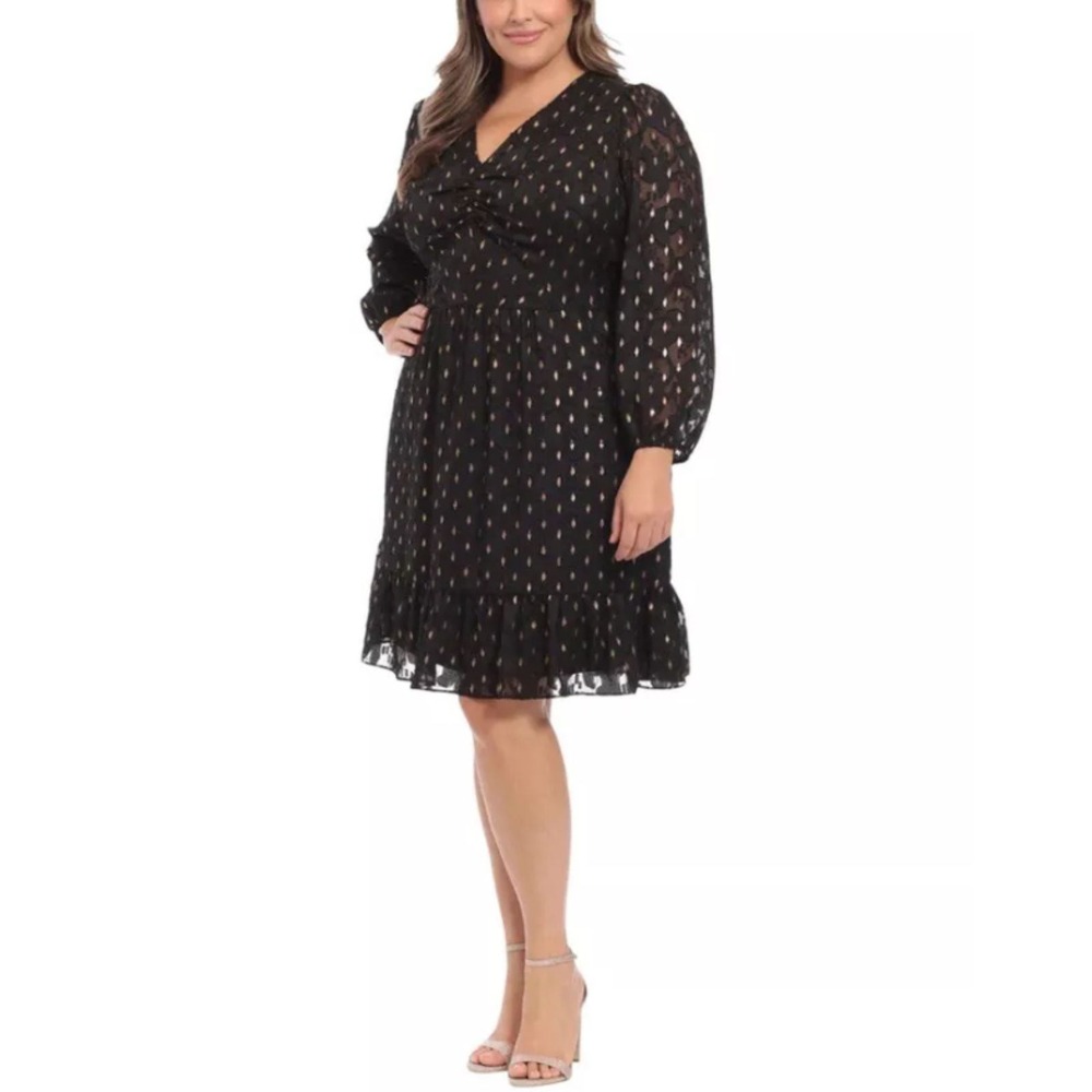 Maggy London Dress Women 4P Black Gold Metallic Clip Dot V-Neck Ruffle T6467P